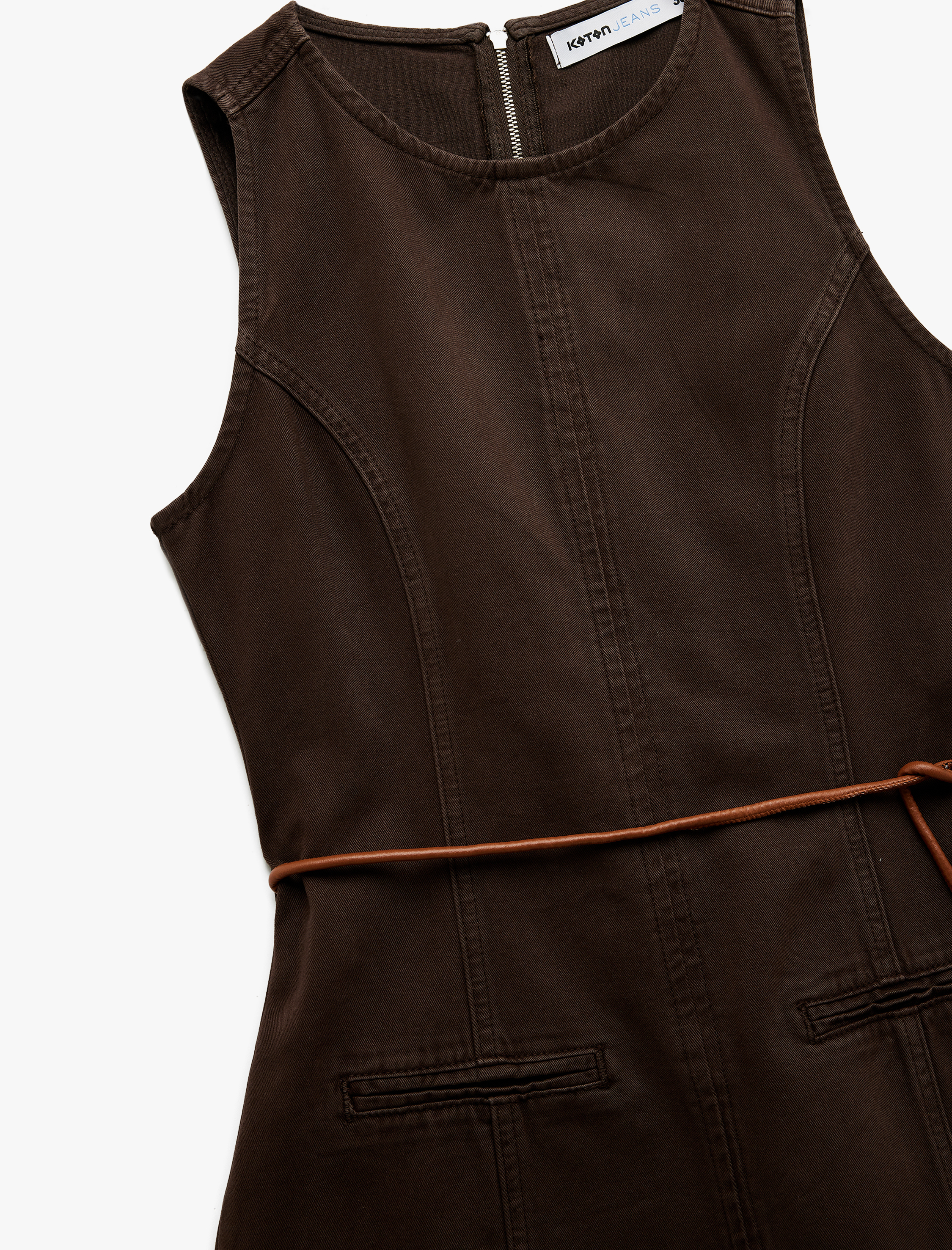   Kolsuz Bisiklet Yaka Kemer Detaylı Cepli Pamuklu Mini Denim Elbise