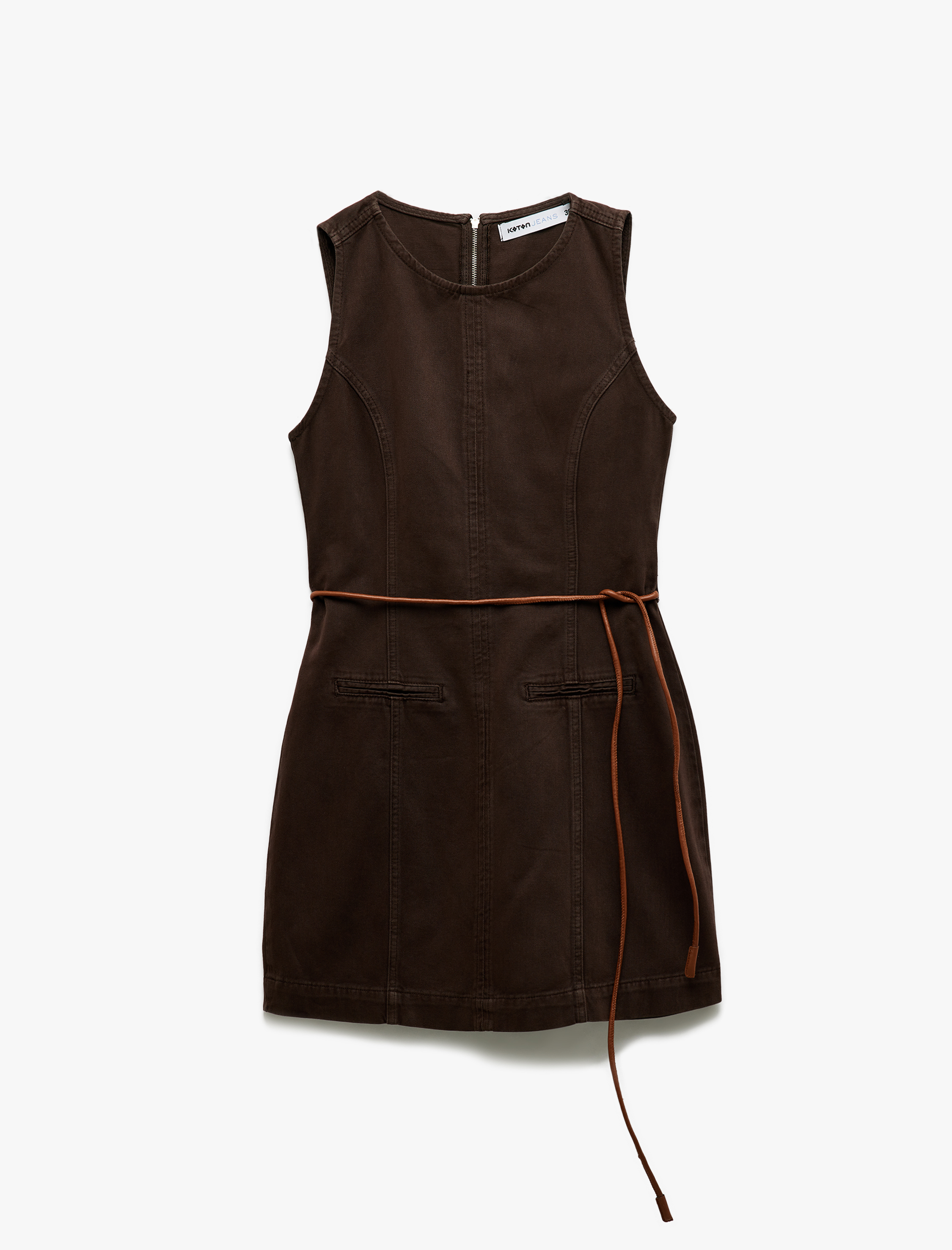   Kolsuz Bisiklet Yaka Kemer Detaylı Cepli Pamuklu Mini Denim Elbise