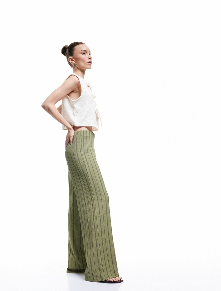  Beli Lastikli Yüksek Bel Çizgili Bürümcük Geniş Paça Pantolon