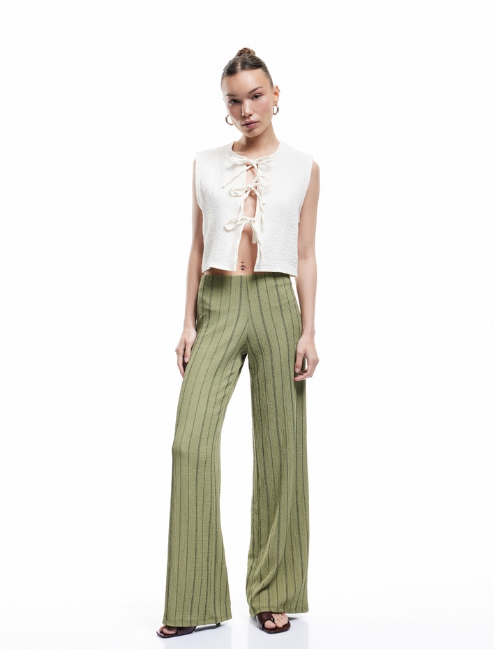  Beli Lastikli Yüksek Bel Çizgili Bürümcük Geniş Paça Pantolon