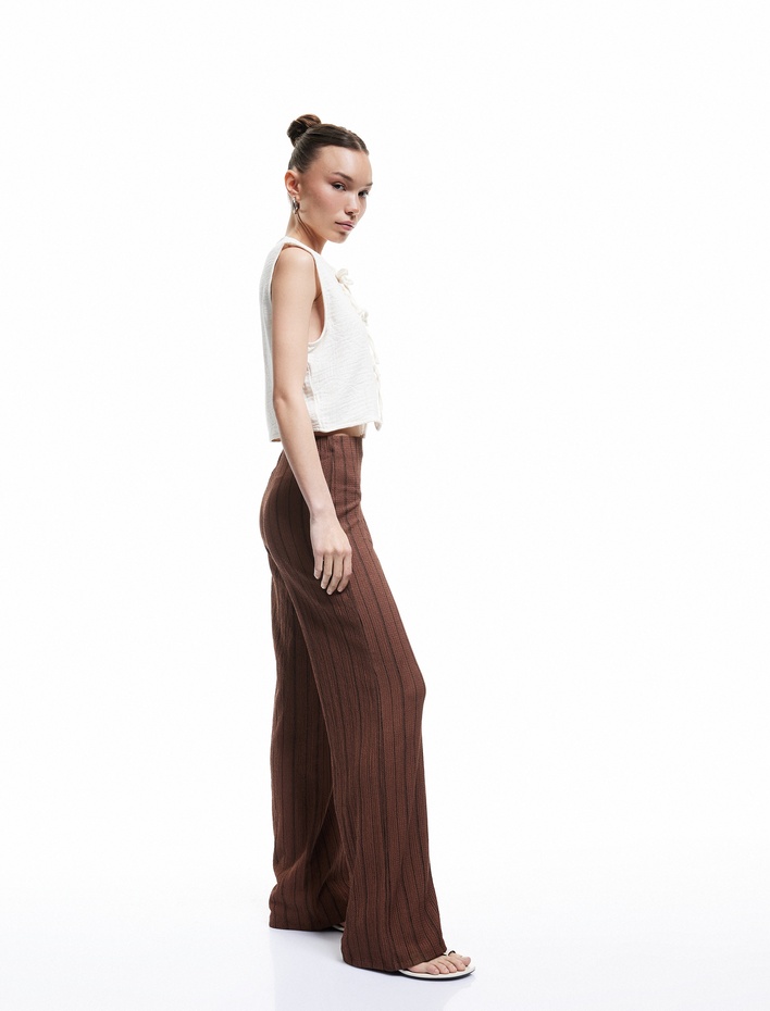  Beli Lastikli Yüksek Bel Çizgili Bürümcük Geniş Paça Pantolon