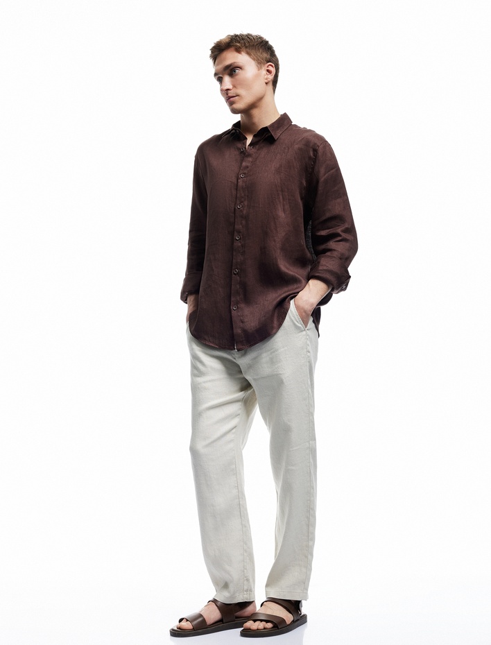  Klasik Yaka Regular Fit Uzun Kollu Keten Gömlek