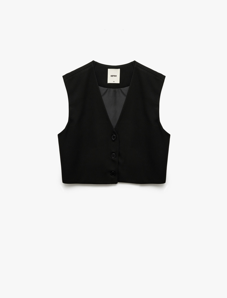   Düğmeli V Yaka Kolsuz Crop Blazer Yelek