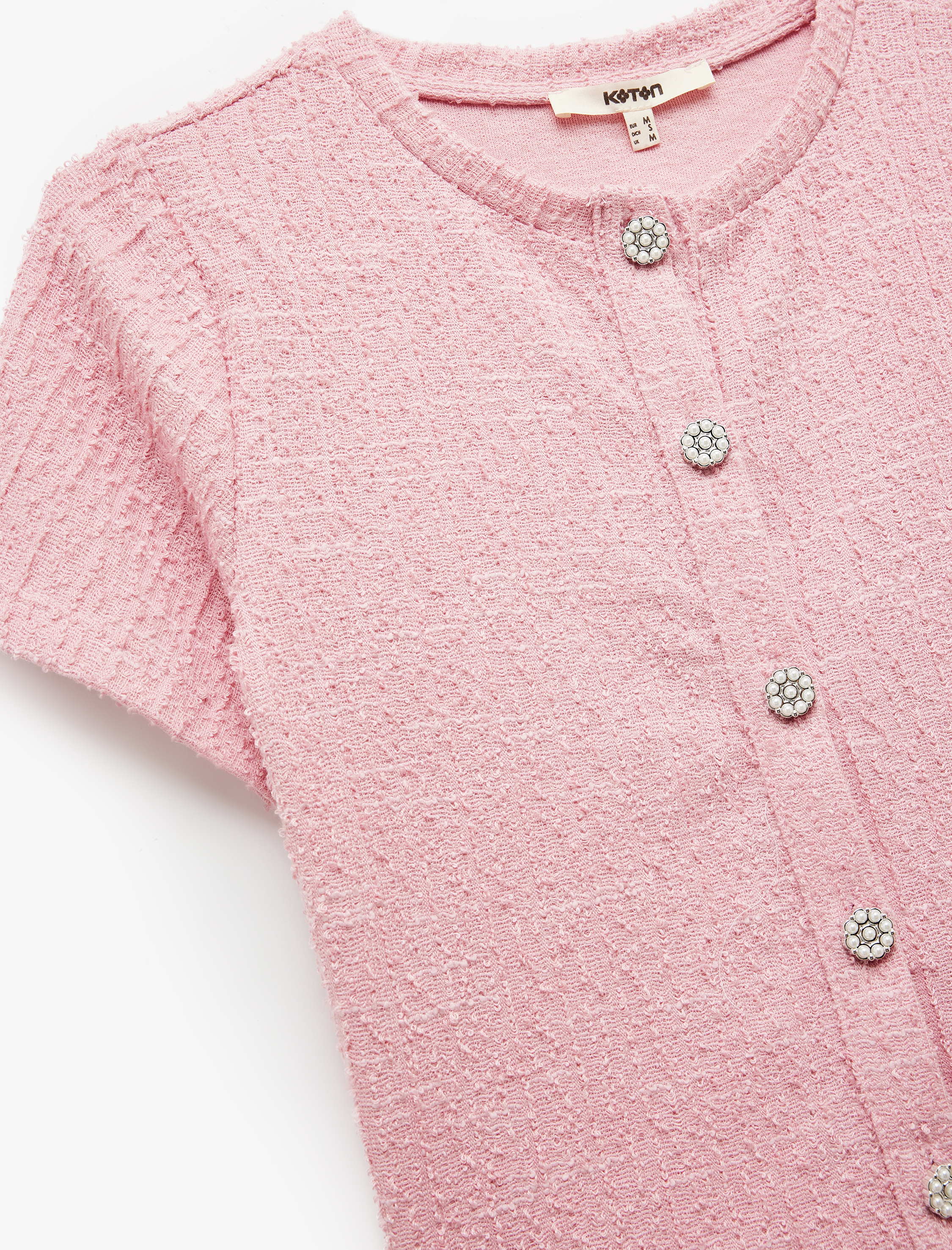   Dokulu Düğmeli Kısa Kollu Bisiklet Yaka Hırka