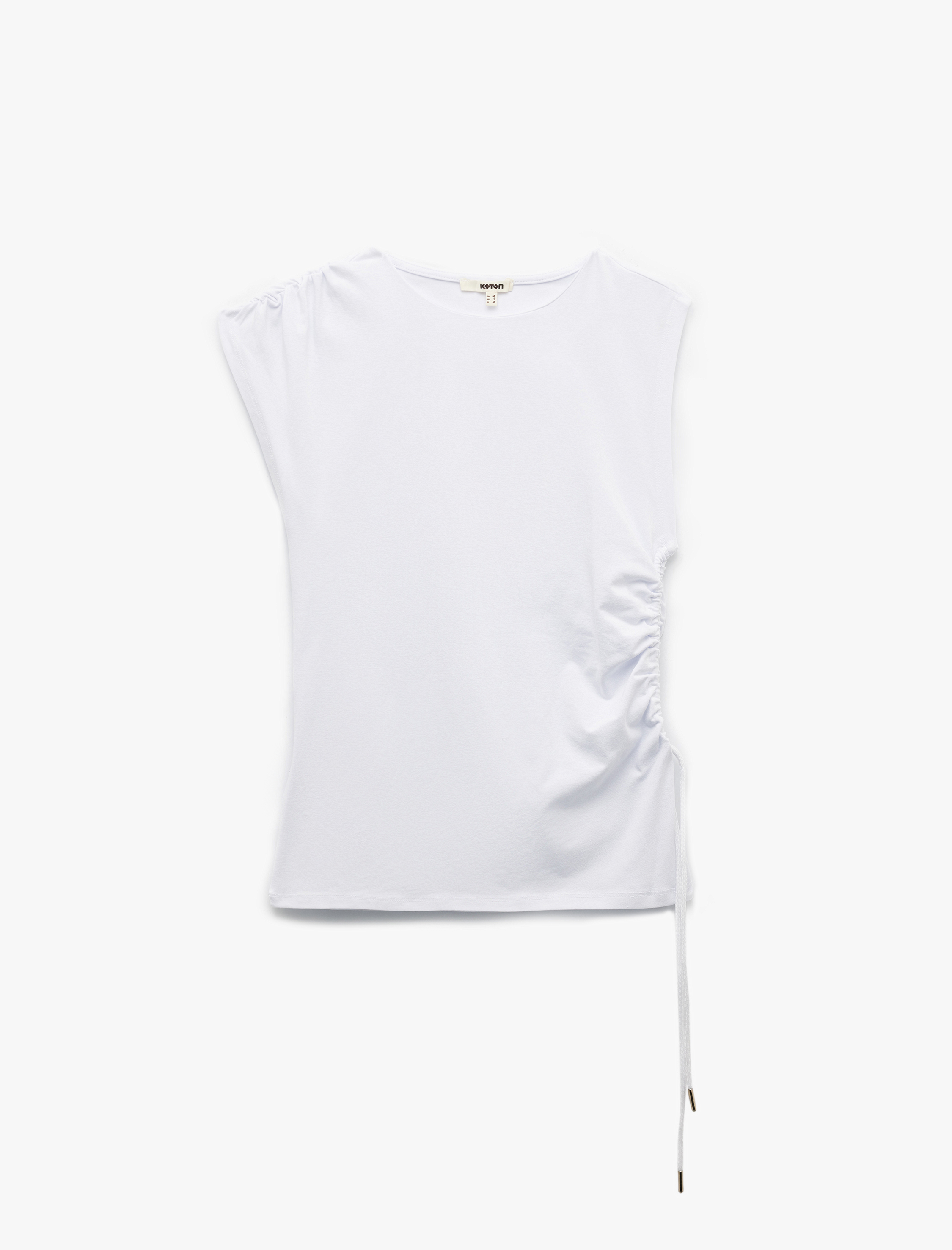   Pamuklu Slim Fit Asimetrik Büzgülü Bağlama Detaylı Kolsuz Bisiklet Yaka Tişört