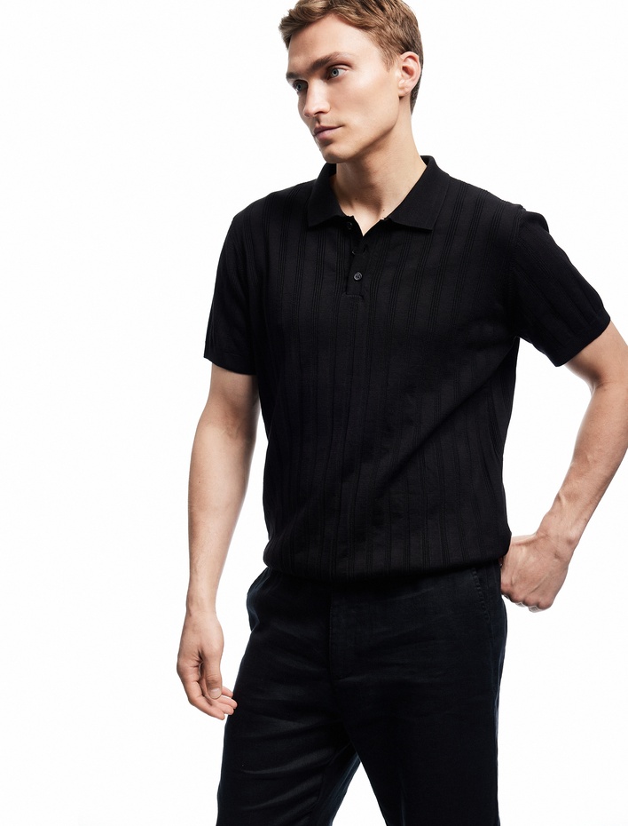  Viskon Polo Yaka Kısa Kollu Triko Kazak