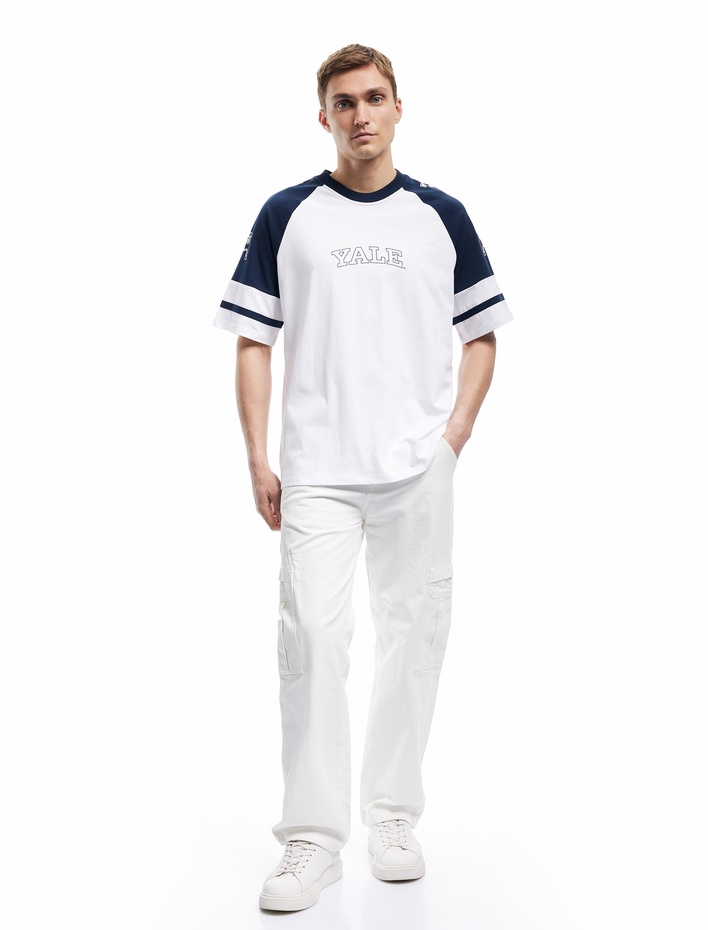  Pamuklu Baskılı Kısa Reglan Kollu Bisiklet Yaka Renk Bloklu Oversize Lisanslı Yale Tişört