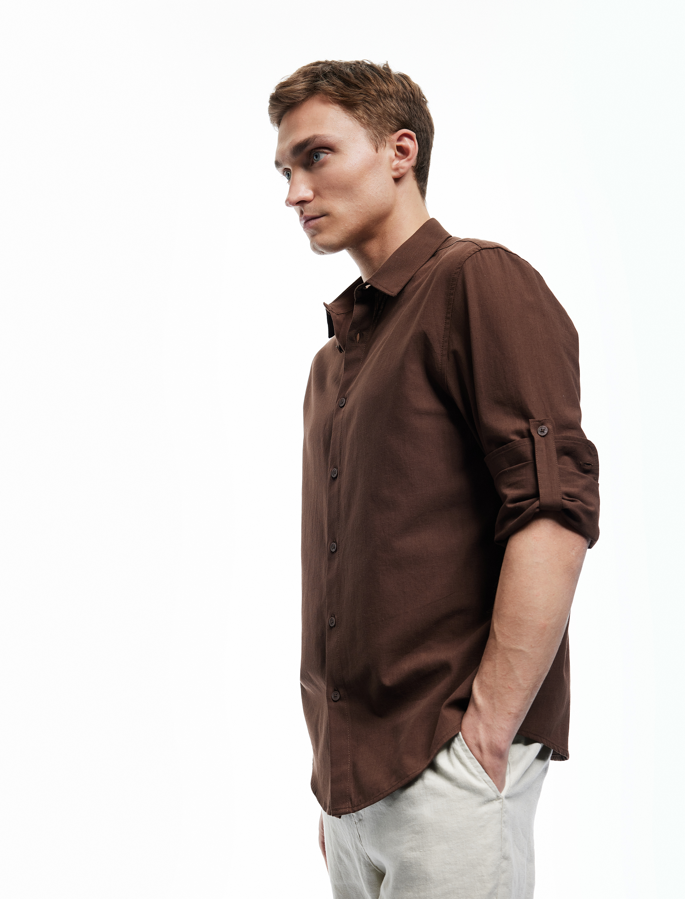   Uzun Kollu Pamuklu Regular Fit Kol Detaylı Klasik Gömlek