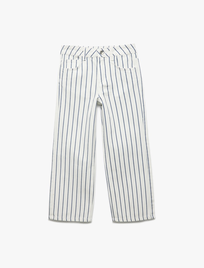 Kız Çocuk Pamuklu Çizgili Geniş Paça Jean Pantolon