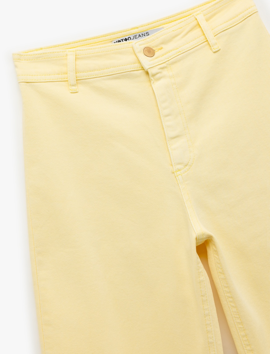   Cep Detaylı Düğmeli Pamuklu Crop Geniş Paça Denim Pantolon - Culotte Jean