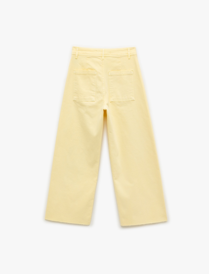   Cep Detaylı Düğmeli Pamuklu Crop Geniş Paça Denim Pantolon - Culotte Jean