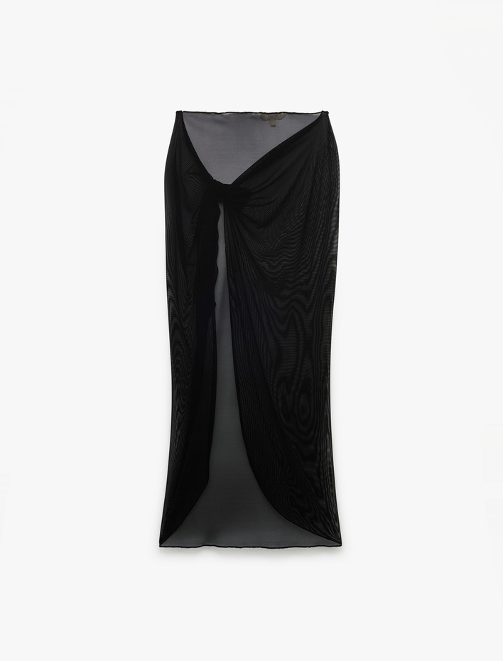  Bağlama Detaylı Midi Asimetrik Tül Pareo Etek