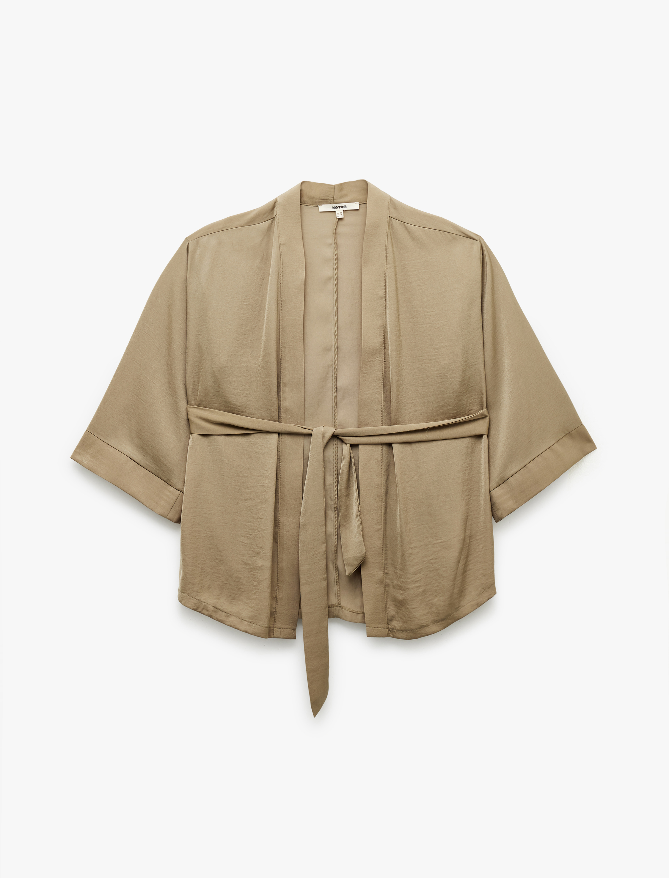 Koton Kadın Aerobin Kumaş Kuşak Detaylı 3/4 Geniş Kollu Saten Kimono -1