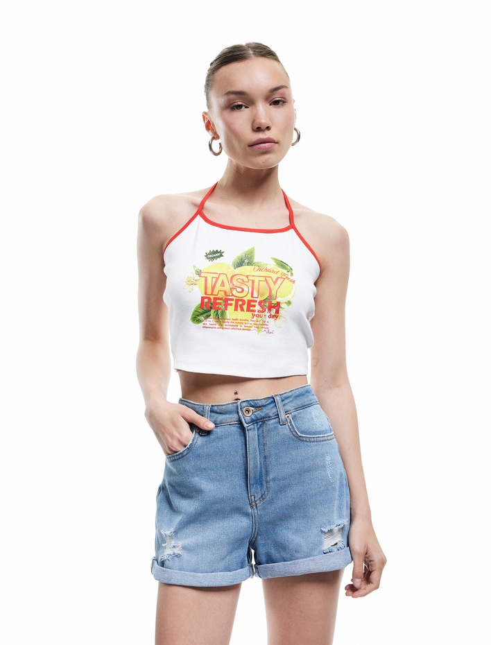  Mini Kot Şort Yüksek Bel Skinny Fit Yıpratılmış Cepli