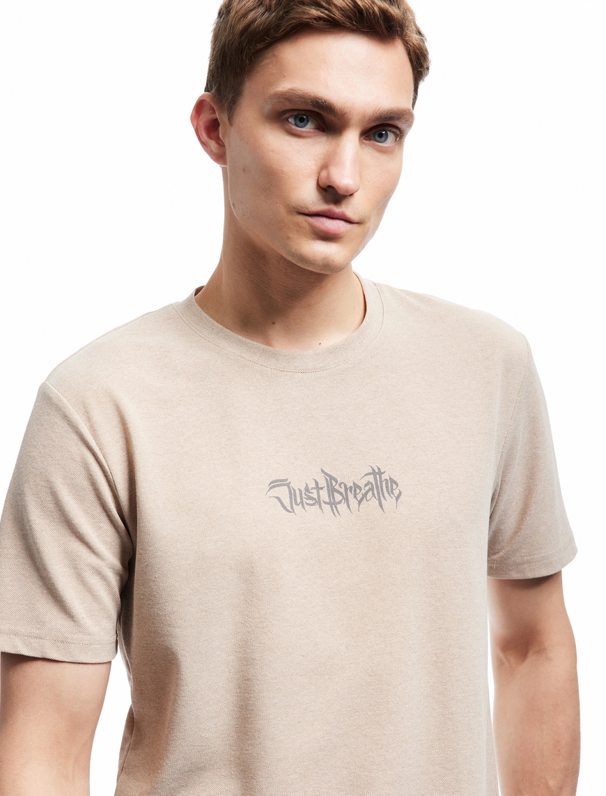  Slogan Baskılı Kısa Kollu Pike Kumaş Bisiklet Yaka Slim Fit Tişört