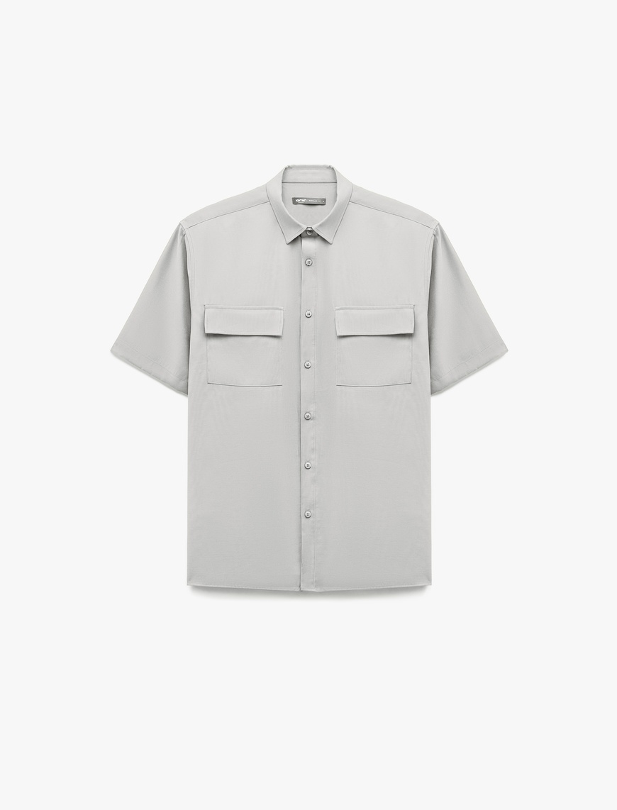   Düğmeli Klasik Yaka Kapaklı Cep Detaylı Rayon Regular Fit Viskon Kısa Kollu Gömlek
