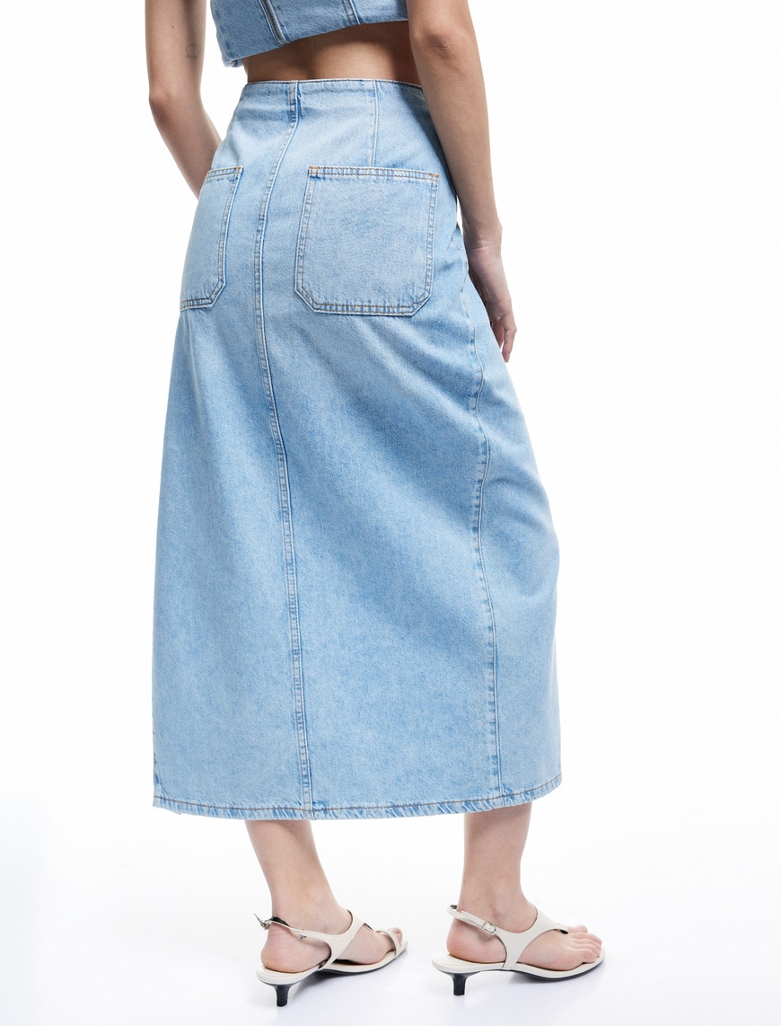   Düğme Detaylı Yırtmaçlı Normal Bel Slim Fit Midi Denim Kalem Etek