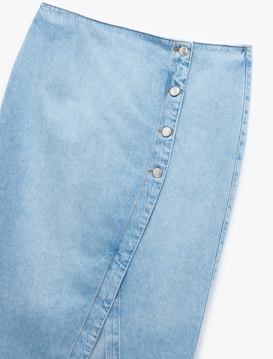   Düğme Detaylı Yırtmaçlı Normal Bel Slim Fit Midi Denim Kalem Etek