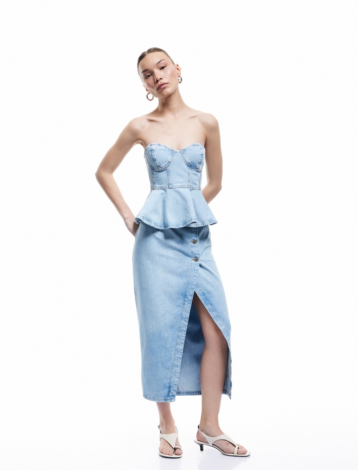  Düğme Detaylı Yırtmaçlı Normal Bel Slim Fit Midi Denim Kalem Etek