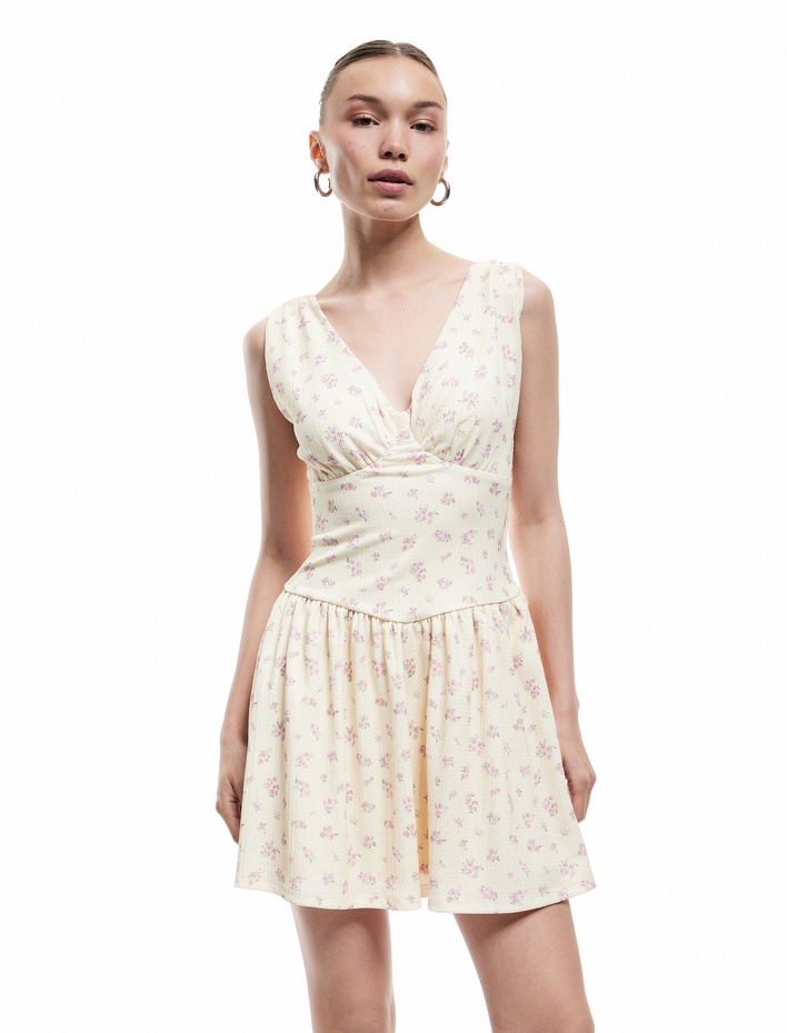  V Yaka Kolsuz Korse Detaylı Çiçekli Mini Elbise