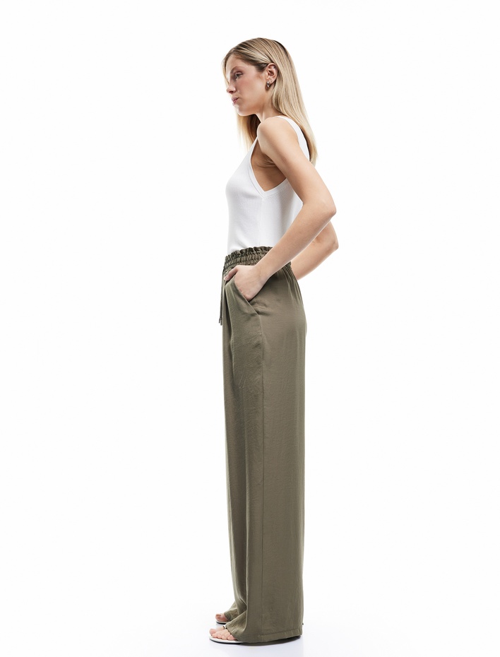  Aerobin Kumaş Beli Bağcıklı Cepli Geniş Paça Palazzo Saten Pantolon