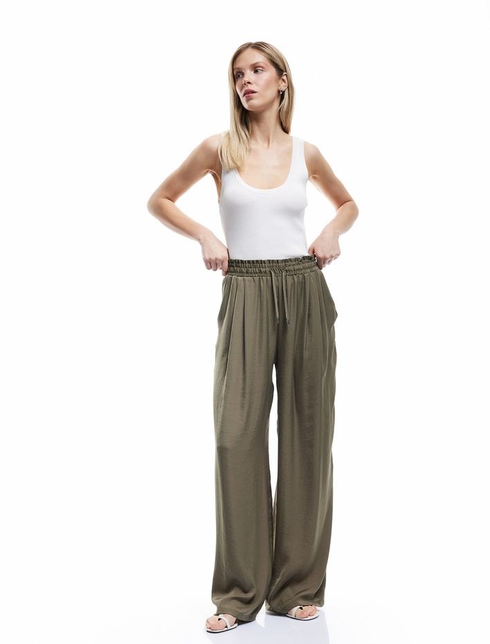  Aerobin Kumaş Beli Bağcıklı Cepli Geniş Paça Palazzo Saten Pantolon