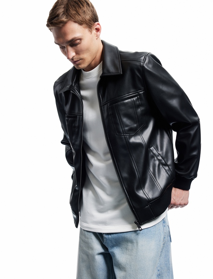  Slim Fit Gömlek Yaka Fermuarlı Cep Detaylı Suni Deri Ceket