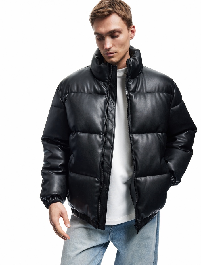  Fermuarlı Dik Yaka Cep Detaylı Uzun Kollu Slim Fit Şişme Mont