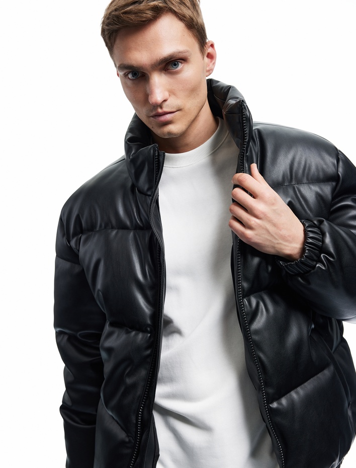  Fermuarlı Dik Yaka Cep Detaylı Uzun Kollu Slim Fit Şişme Mont