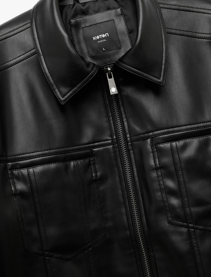   Slim Fit Gömlek Yaka Fermuarlı Cep Detaylı Suni Deri Ceket