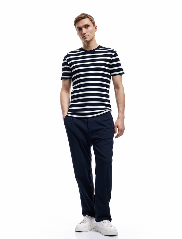 Kısa Kollu Bisiklet Yaka Slim Fit Çizgili Tişört_1