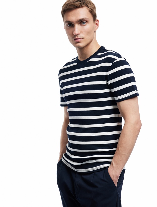 Kısa Kollu Bisiklet Yaka Slim Fit Çizgili Tişört_0