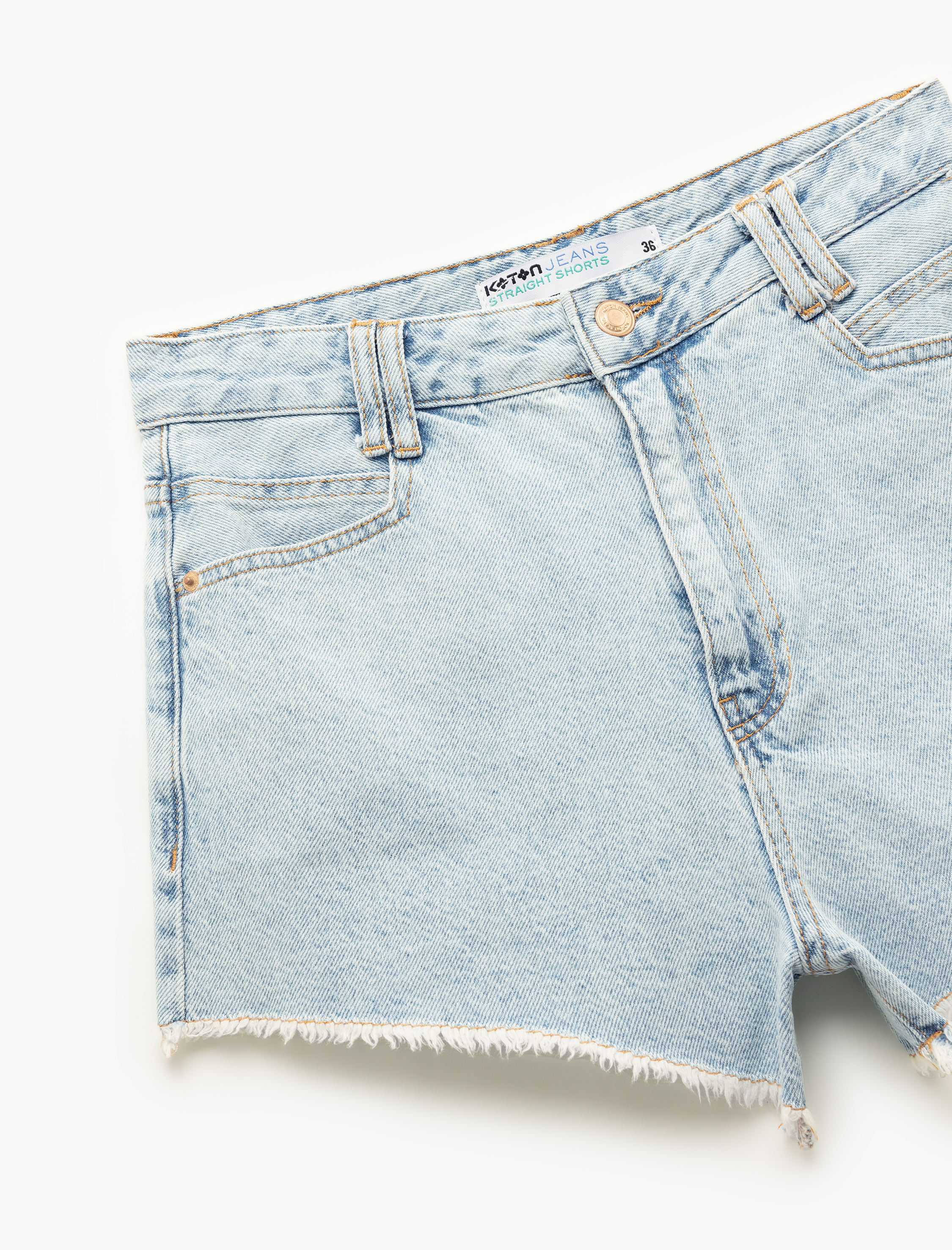   Yüksek Bel Rahat Kalıp Düğmeli Cepli Pis Paça Denim Şort