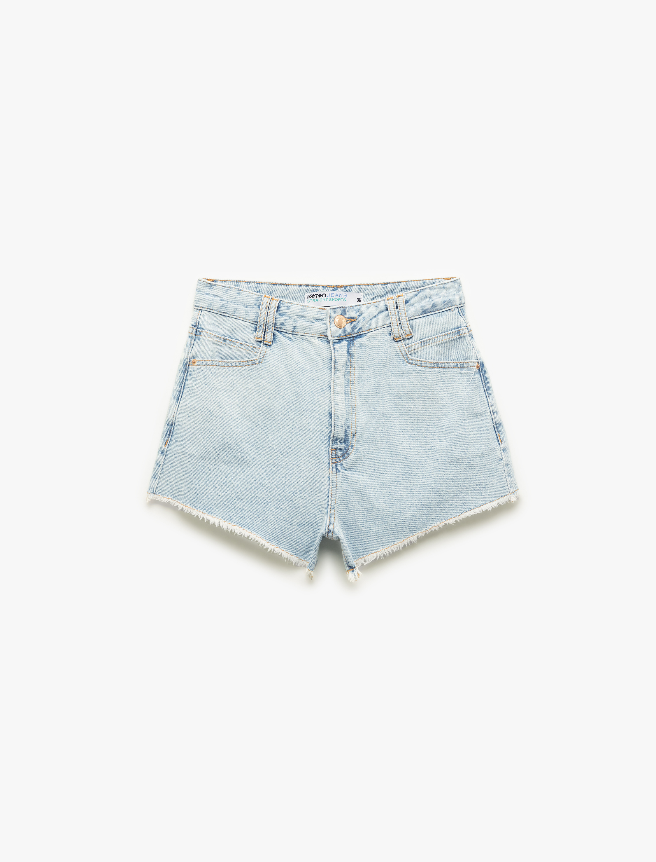   Yüksek Bel Rahat Kalıp Düğmeli Cepli Pis Paça Denim Şort