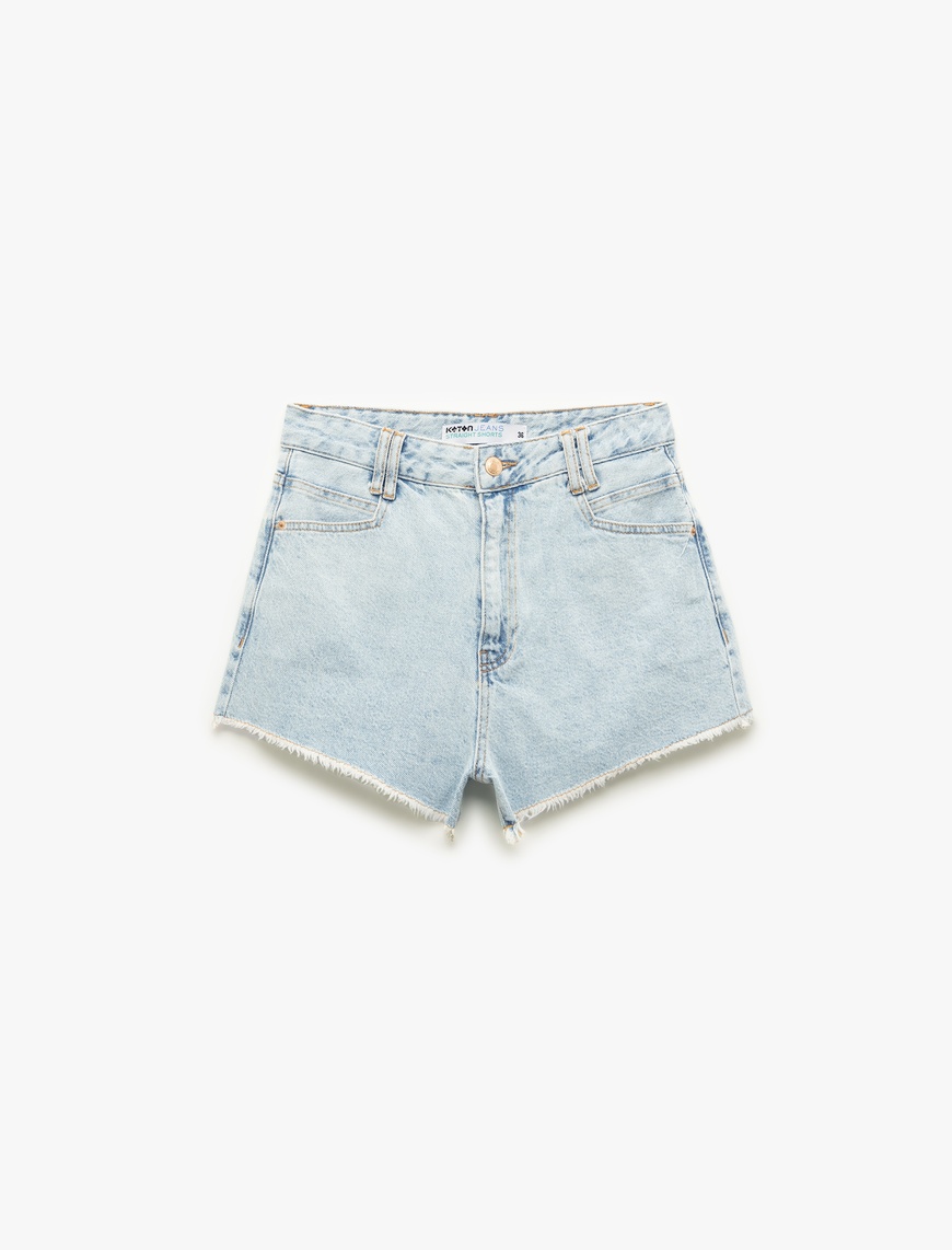   Yüksek Bel Rahat Kalıp Düğmeli Cepli Pis Paça Denim Şort