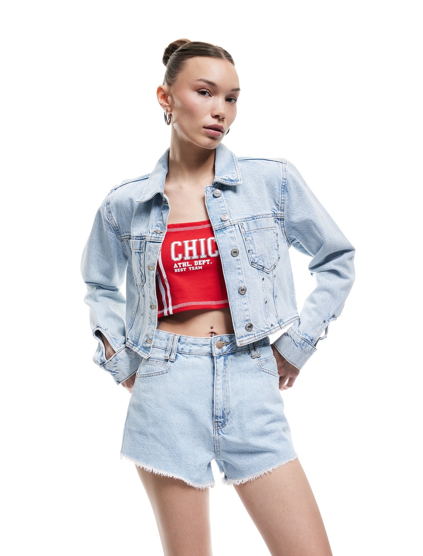   Yüksek Bel Rahat Kalıp Düğmeli Cepli Pis Paça Denim Şort