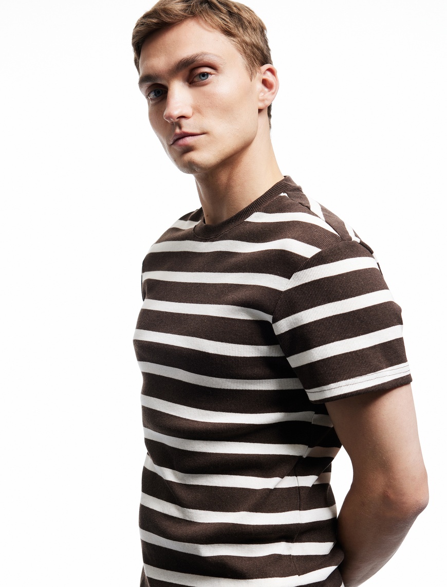   Kısa Kollu Bisiklet Yaka Slim Fit Çizgili Tişört