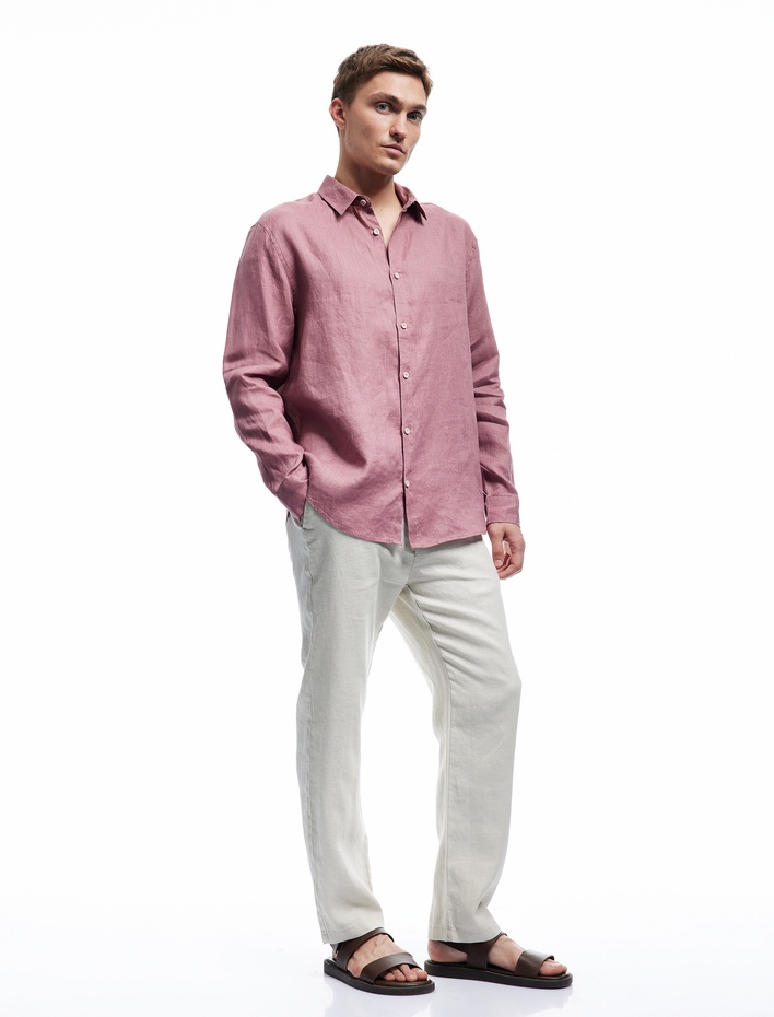  Klasik Yaka Regular Fit Uzun Kollu Keten Gömlek