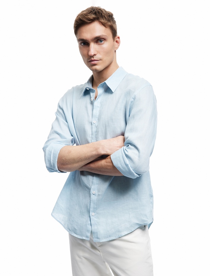  Klasik Yaka Regular Fit Uzun Kollu Keten Gömlek