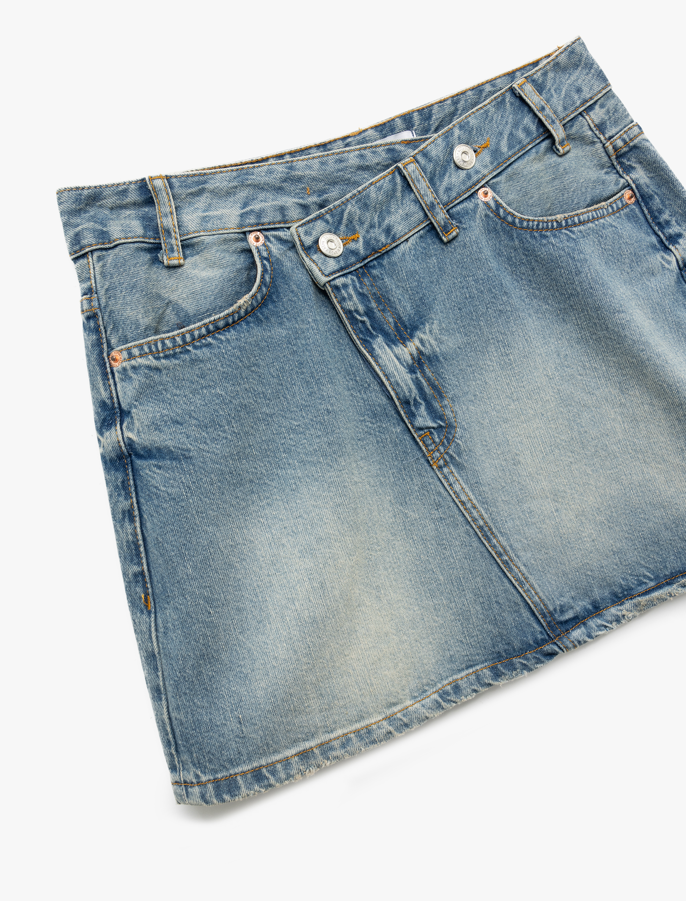   Pamuklu Asimetrik Düğmeli Cepli Denim Mini Etek