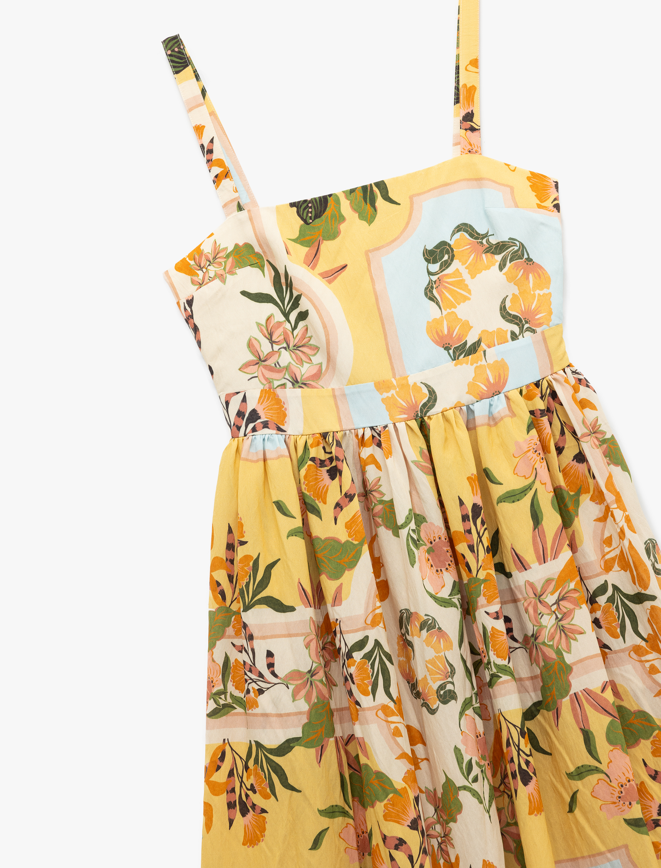   Viskon Kumaş Astarlı Kolsuz Kare Yaka Midi Boy Askılı Çiçekli Elbise