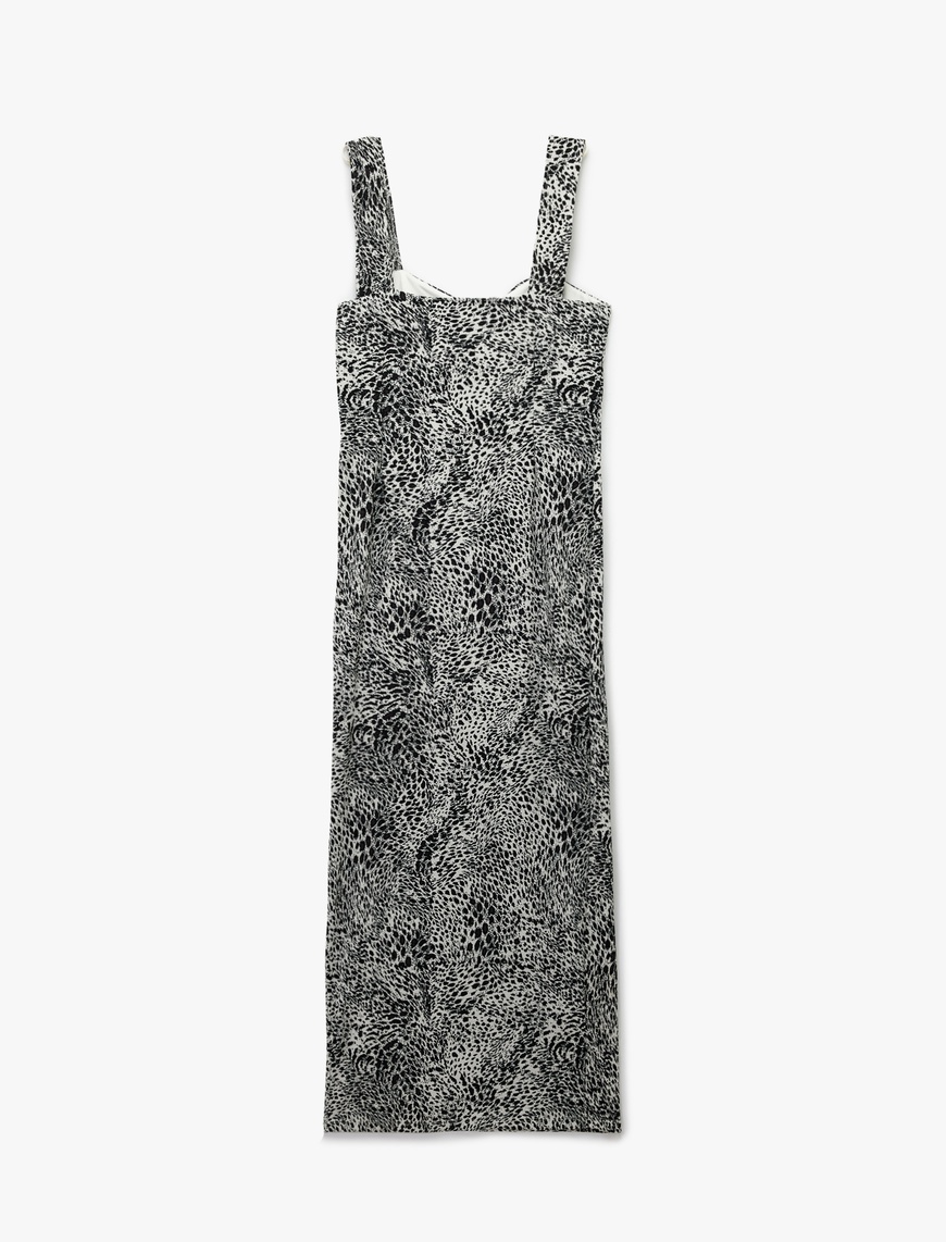   Bürümcük Kalın Askılı Bodycon Yırtmaç Detaylı Kolsuz Uzun Leopar Elbise
