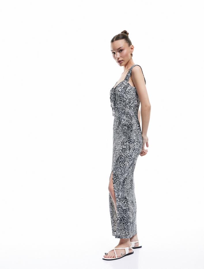  Bürümcük Kalın Askılı Bodycon Yırtmaç Detaylı Kolsuz Uzun Leopar Elbise