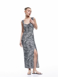 Bürümcük Kalın Askılı Bodycon Yırtmaç Detaylı Kolsuz Uzun Leopar Elbise