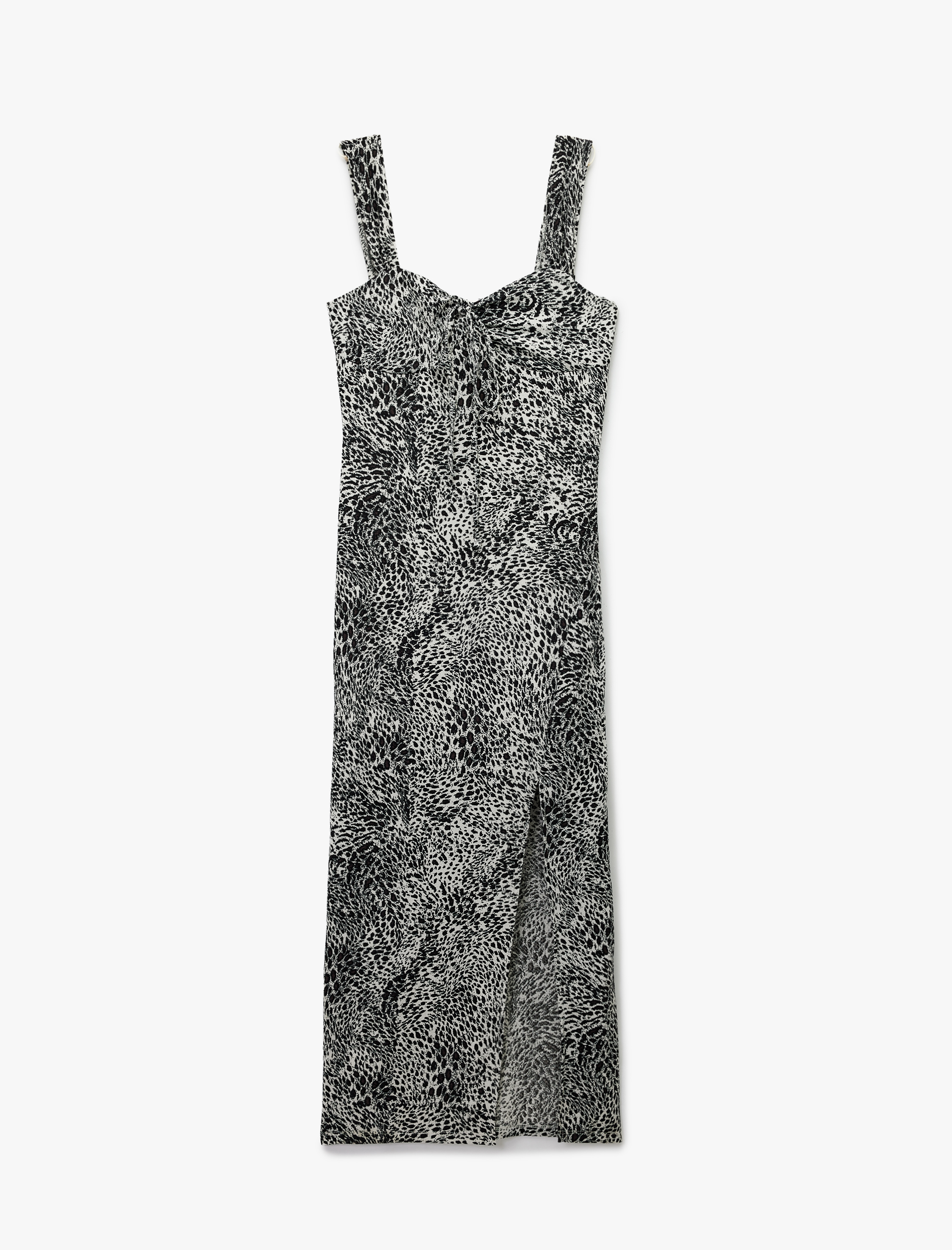   Bürümcük Kalın Askılı Bodycon Yırtmaç Detaylı Kolsuz Uzun Leopar Elbise