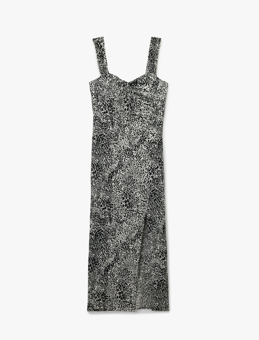   Bürümcük Kalın Askılı Bodycon Yırtmaç Detaylı Kolsuz Uzun Leopar Elbise