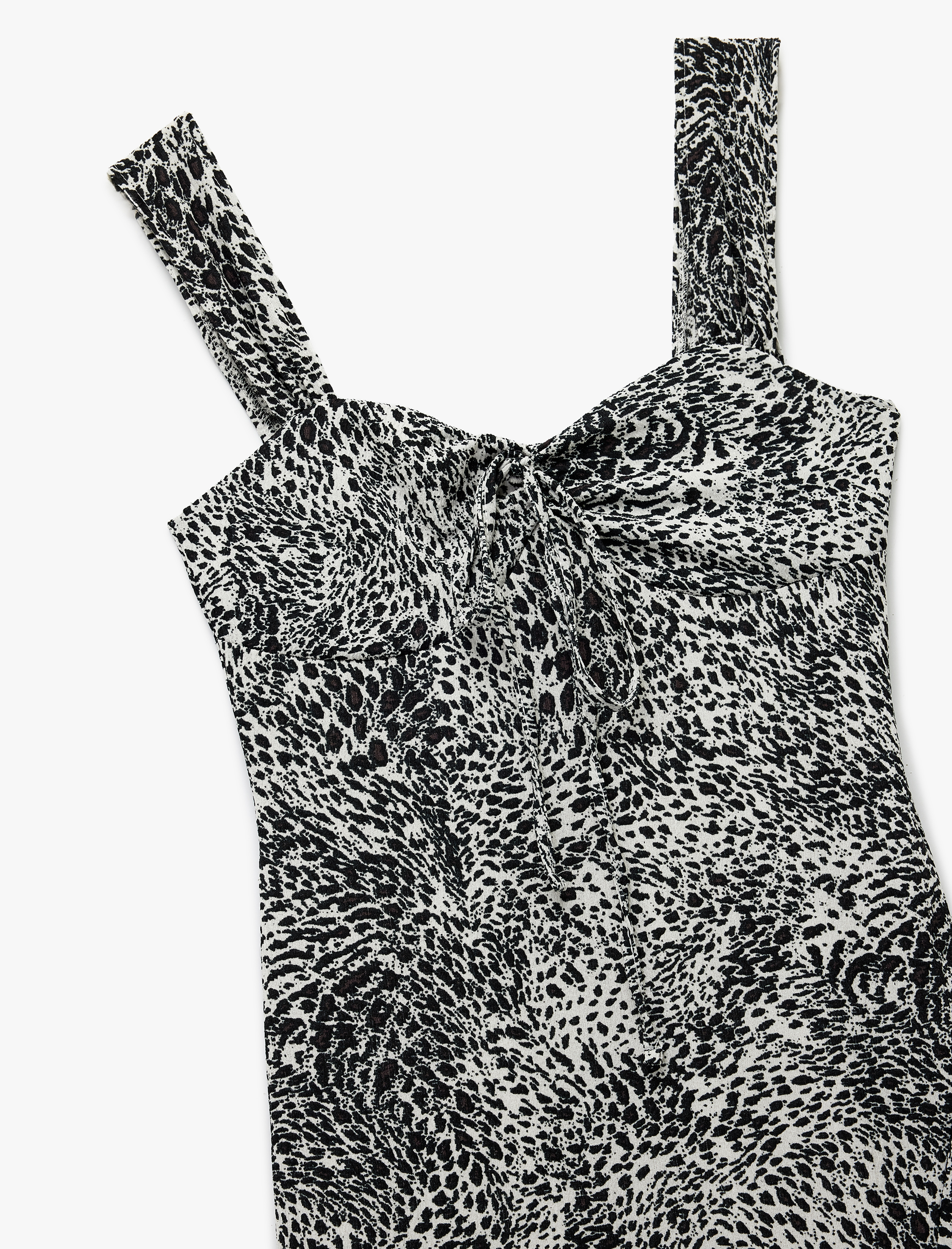   Bürümcük Kalın Askılı Bodycon Yırtmaç Detaylı Kolsuz Uzun Leopar Elbise