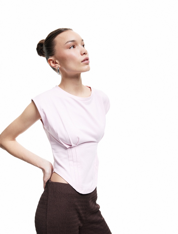  Bisiklet Yaka Korse Detaylı Slim Fit Kolsuz Crop Tişört