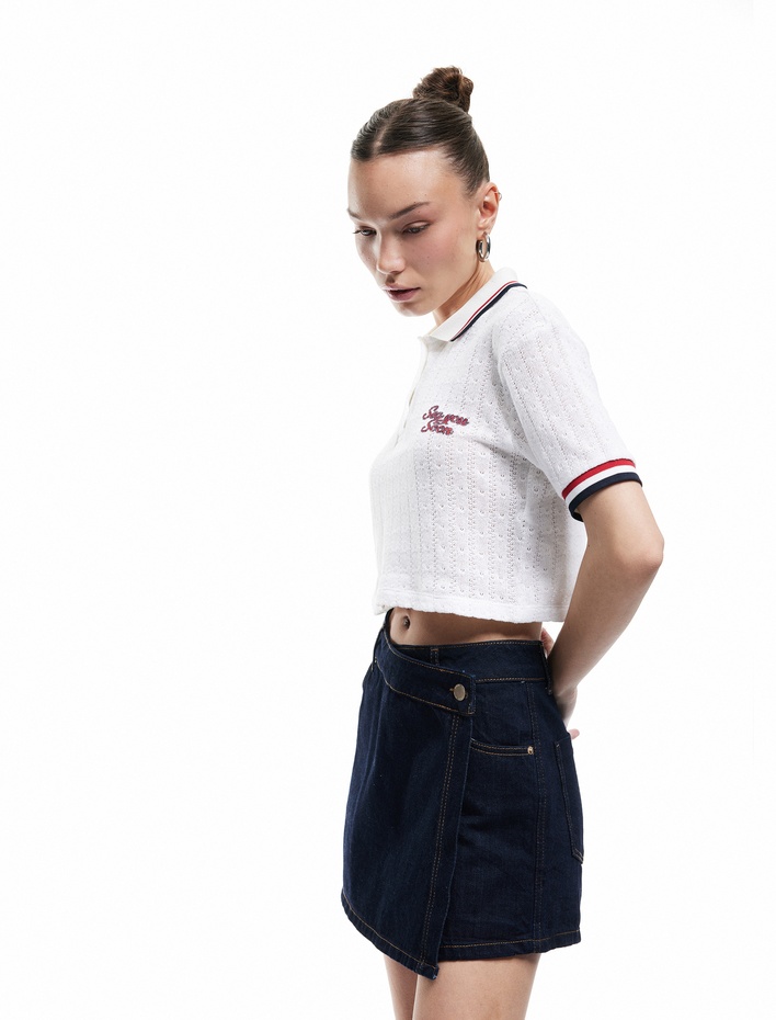  Pamuklu Düğme Detaylı Cepli Asimetrik Denim Mini Şort Etek