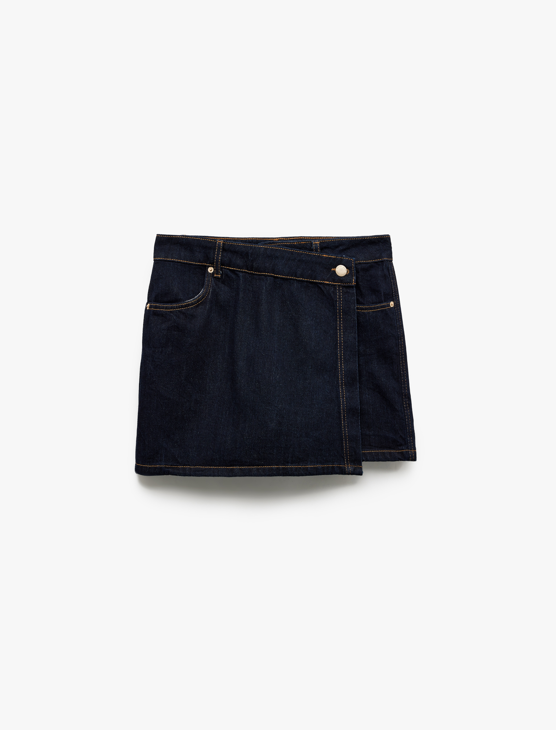   Pamuklu Düğme Detaylı Cepli Asimetrik Denim Mini Şort Etek